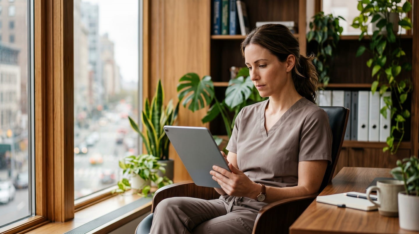 Clinician reviewing patient vitals on tablet in warm home setting
